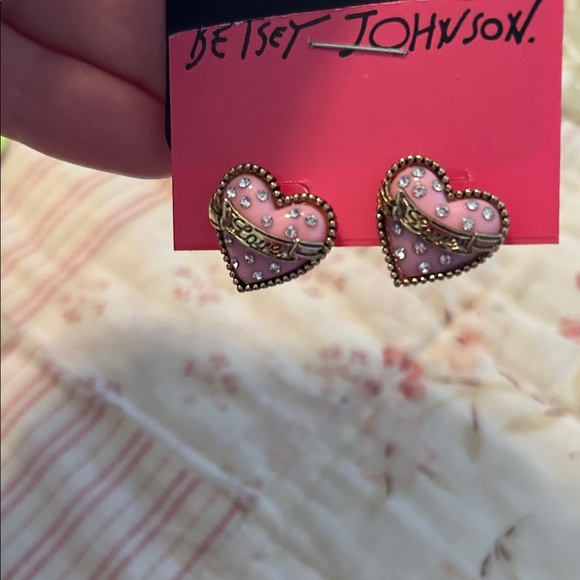 Betsey Johnson Pink and Gold Heart Earrings - Picture 3 of 6
